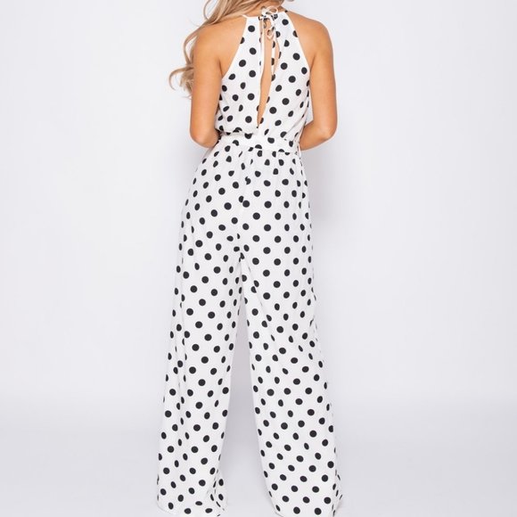 White Polka Dot Sleeveless Open Back Wide Leg Jumpsuit - Picture 7 of 9